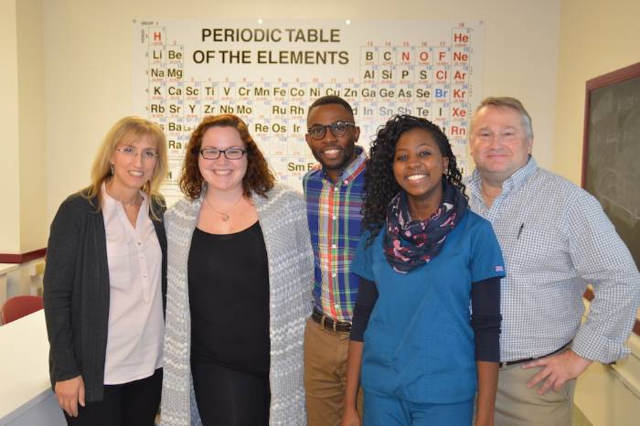 Science students stand with instructors in front of a periodic table.