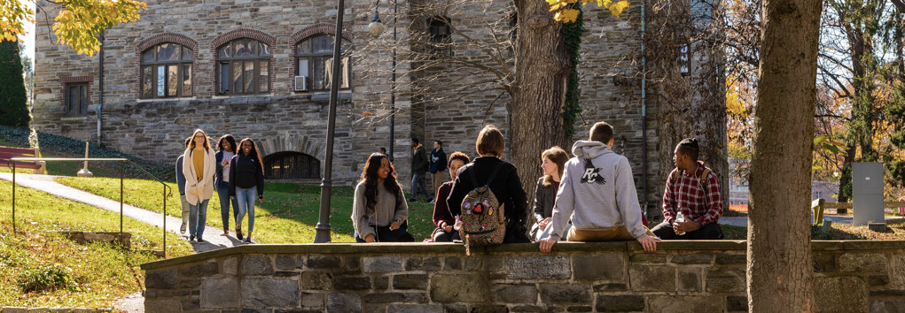 College students of various gender presentations and ethnic backgrounds are pictured sitting on a bridge that covers a small stream. It is Spring, and all the leaves are lush and green.