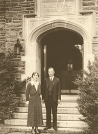 Black and white picture of Mr. and Mrs. Kistler outside of the Hertrude Kistler Memorial Library